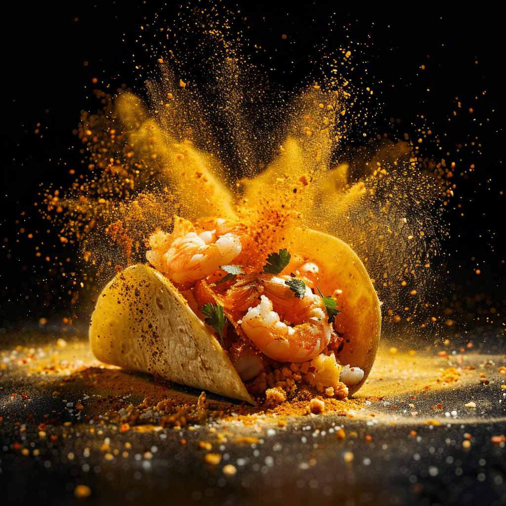 Taco piccante con gamberi e esplosione di spezie gialle
