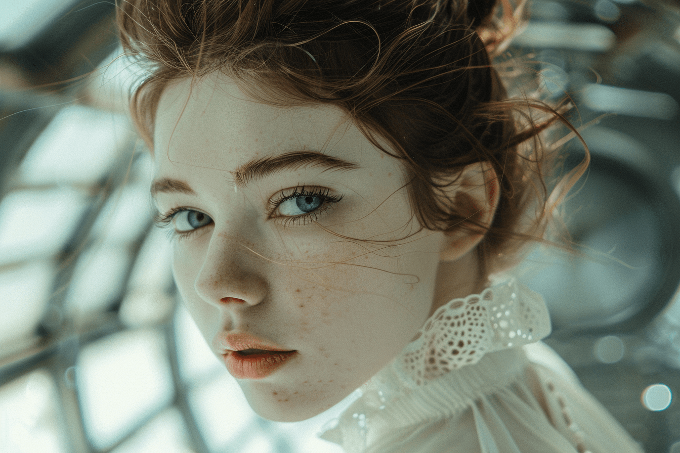 Ritratto di giovane donna con occhi azzurri , rossa e spavalda.