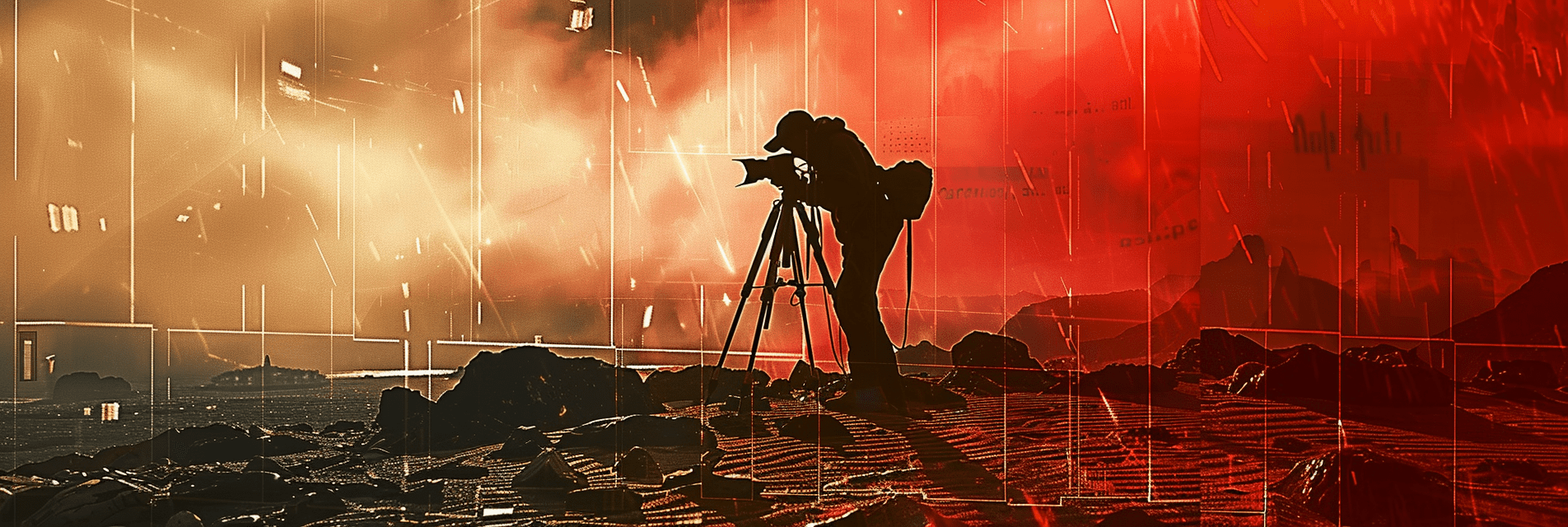 Un fotografo prepara la sua macchina fotografica su un treppiede in un paesaggio digitale surreale, dominato da tonalità rosse e anomalie futuristiche.